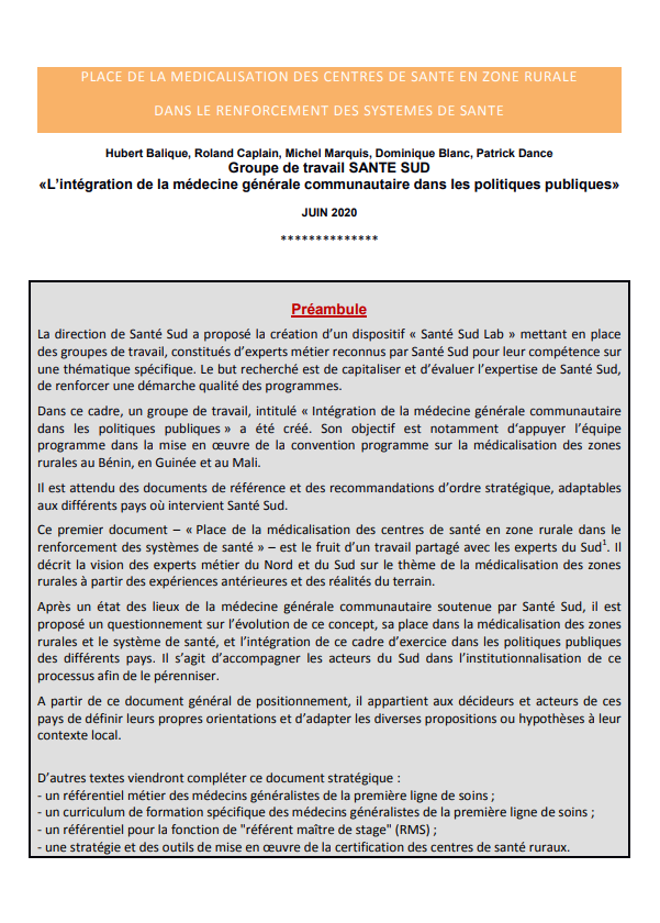 Note de cadrage sur la place de la médicalisation des centres de santé en zones rurales dans le renforcement des systèmes de santé